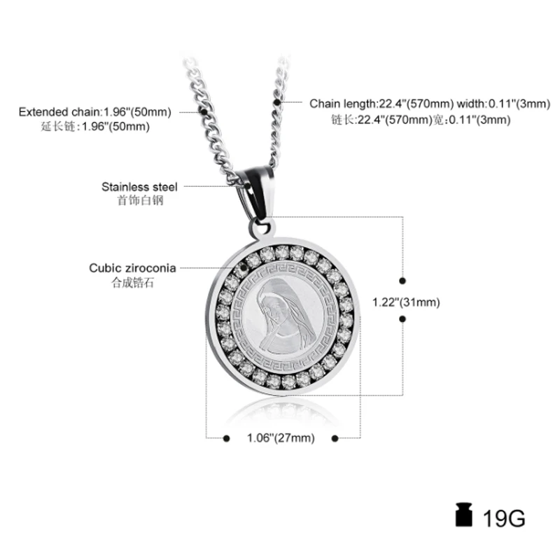 

High-Quality Full Crystal AAA CZ Cubic Zirconia Virgin Mary Pendant Stainless Steel Catholic Necklaces Cuban Long Chain Jewelry
