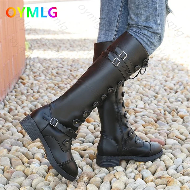 

Plus size knight boots women 2021 new autumn and winter low heel flat round head belt buckle cross strap boots women