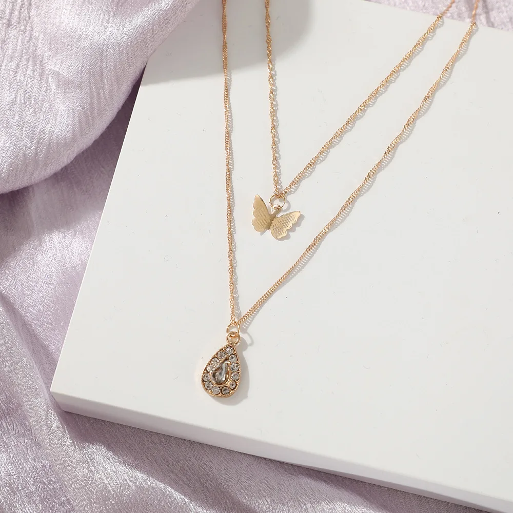 

New Fashion Shiny Butterfly Tassel Necklace Female Exquisite Double Layer Pendant Clavicle Chain Wedding Party Jewelry