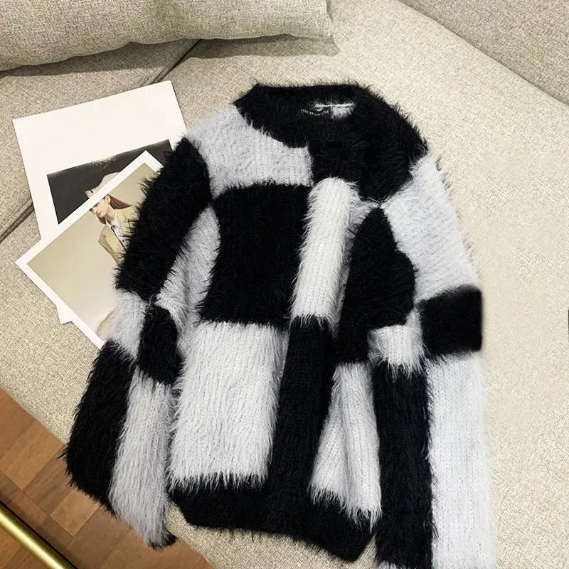 

Black And White Patchwork Hoodies Women 2021 Fashion Korean Style Clothes Women Plus Velvet Knitted Sweaters Loose Tops Pullover