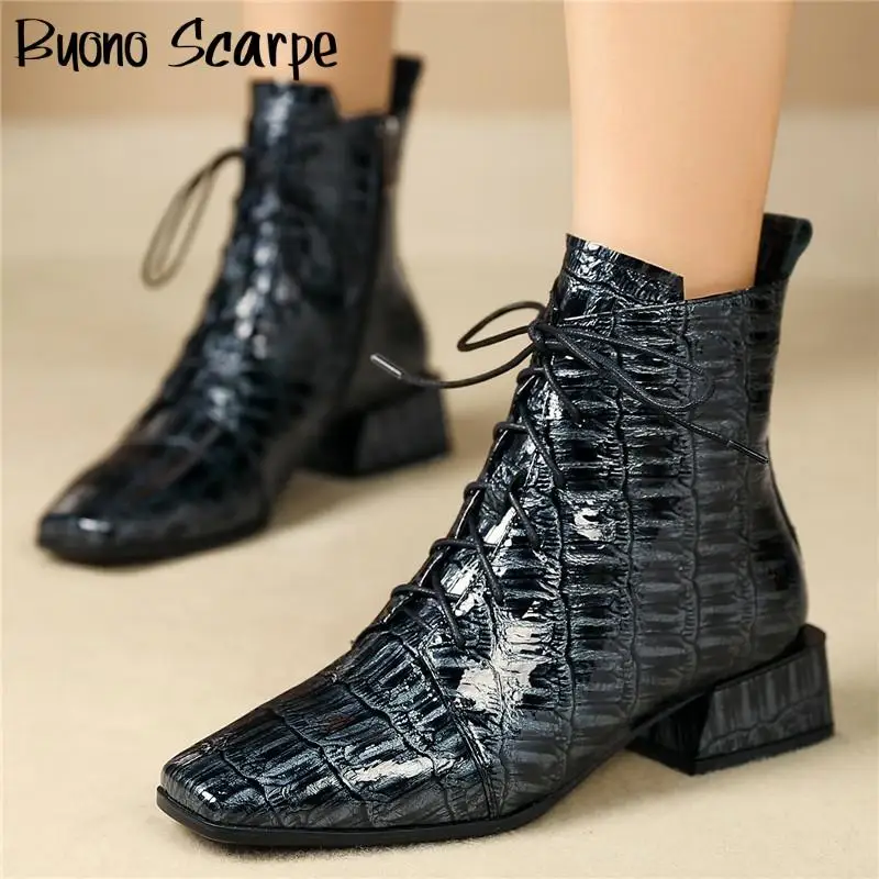 

Patent Real Leather Business Boots Casual Chunky Boots Lace Up Shoes For Women Zipper Autumn Winter Ladies Shoes Square Heel New