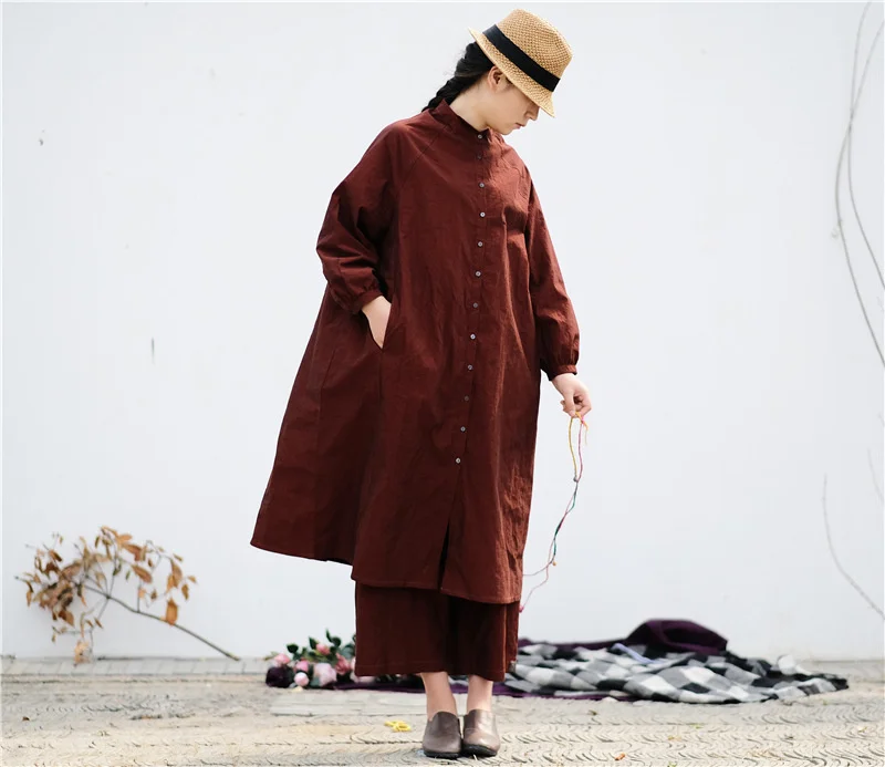 

Литературное пальто Khmer старой осени, ветровка, красный кирпич, воротник-стойка, свободное однобортное платье-рубашка