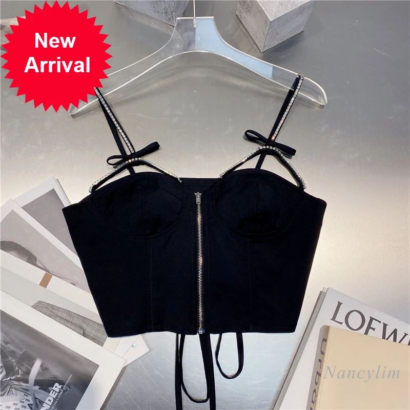 

Sexy Camisole Lady 2021 Summer New Design Slimming Rhinestone Edge Bow Strap Short Tanks Crop Top Femme Black