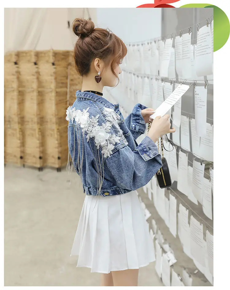 

2020 Spring Autumn Floral Appliques Tassel Women Short Demin Jacket Korean Casual Chains Loose Femme Short Jean Coat Female Tops