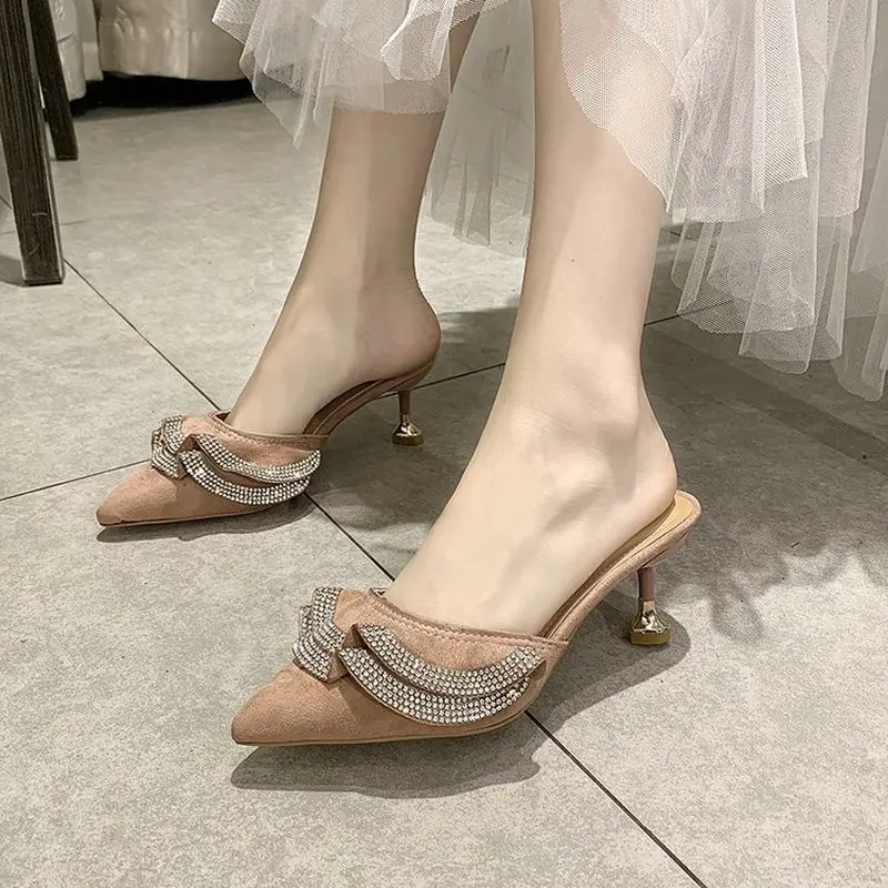 

2021 New High-heeled Sexy Women's Shoes Rhinestone Spring Fashion Suede Pointy Slippers Wear Female Shoes Zapatos De Mujer