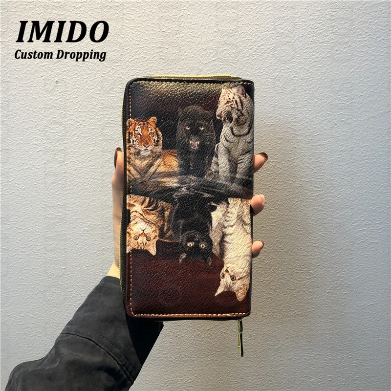 IMIDO уникальный женский длинный кожаный кошелек с изображением кота, тигра, кредитная карта, Женский кошелек, дизайнерский кошелек, женский клатч