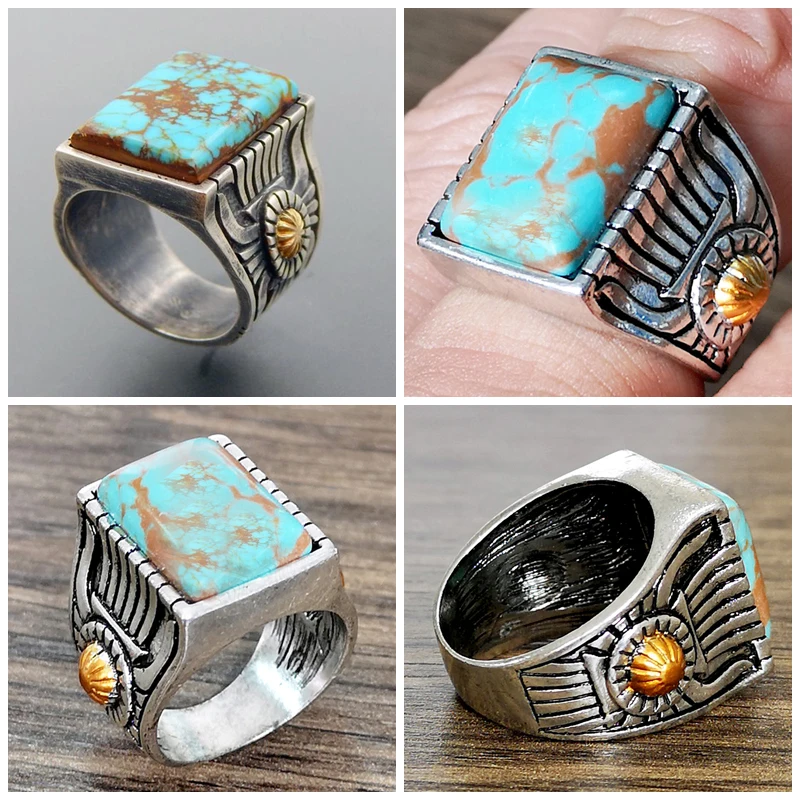 Мужское кольцо в стиле панк турецкое ювелирное изделие с большим синим камнем