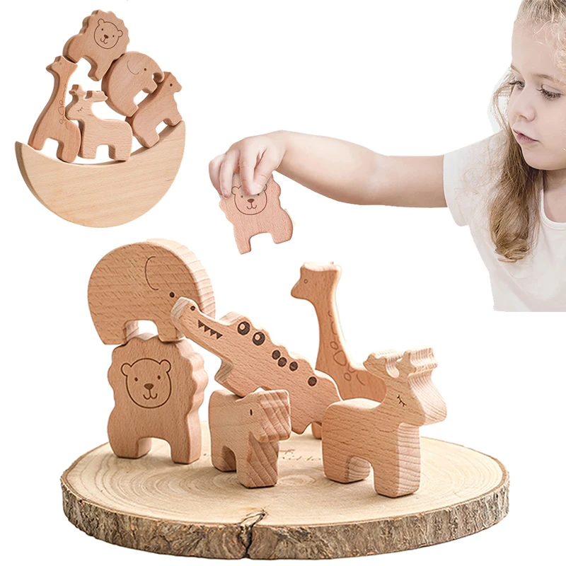 

6 PCS Children Montessori Wooden Animal Balance Blocks Board Games Toy Educational Stacking Building Block Wood Toy For Kids