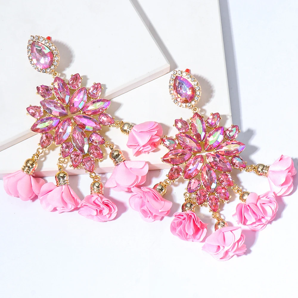 

New Boho Colorful Earrings Flower Tassel Earrings For Women Rhinestones Pendant Crystal Statement Earrings Party Jewelry Gift