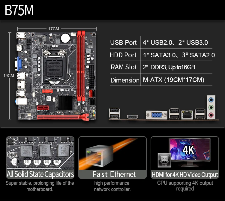 Материнская плата LGA 1155 B75 поддержка DDR3 SATA III USB 3 0 для Intel LGA1155 Core i7 i5 i3 CPU