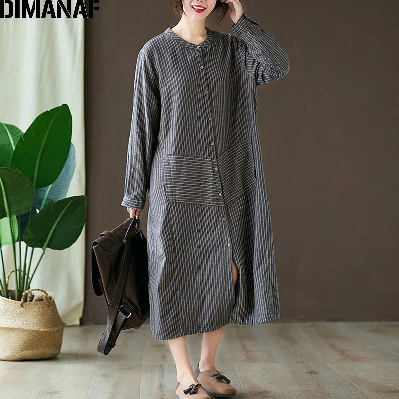 DIMANAF женское платье большого размера осень длинный рукав Винтаж Полосатый Хлопок