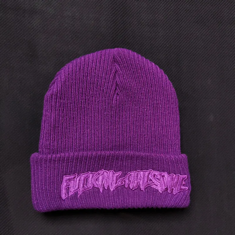 Fxxking Awesome Beanie Winter Hats For Women Ladies Men Acrylic Cap Billie Eilish Bonnet Autumn Knitted Hip hop Embroidery Skull