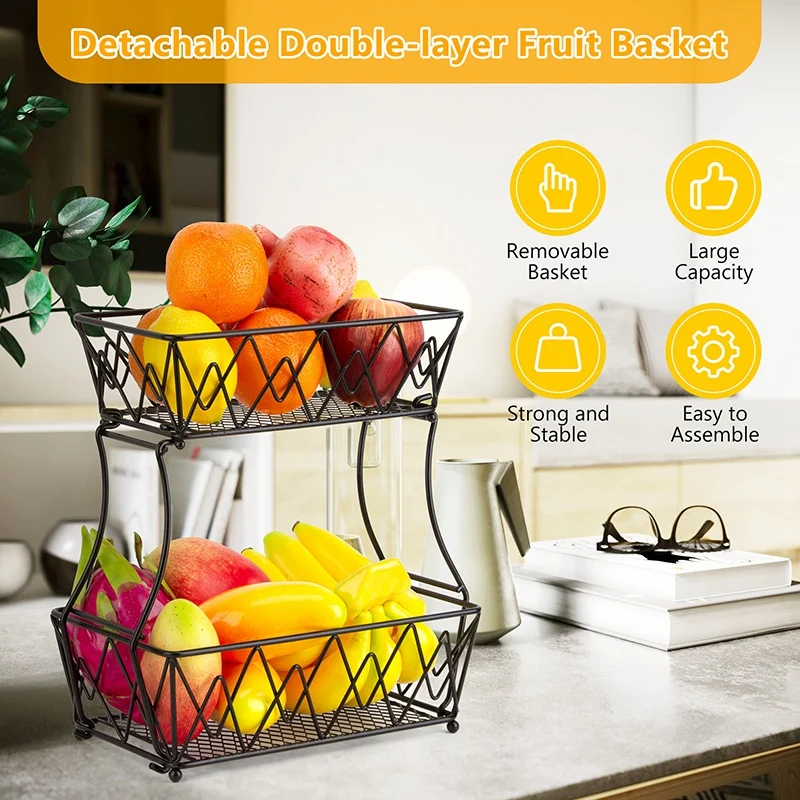 

2 Tier Fruit Basket Detachable Bread Display Stand Storage Holder Kitchen Vegetable Drain Rack Wrought Iron Fruit Basket