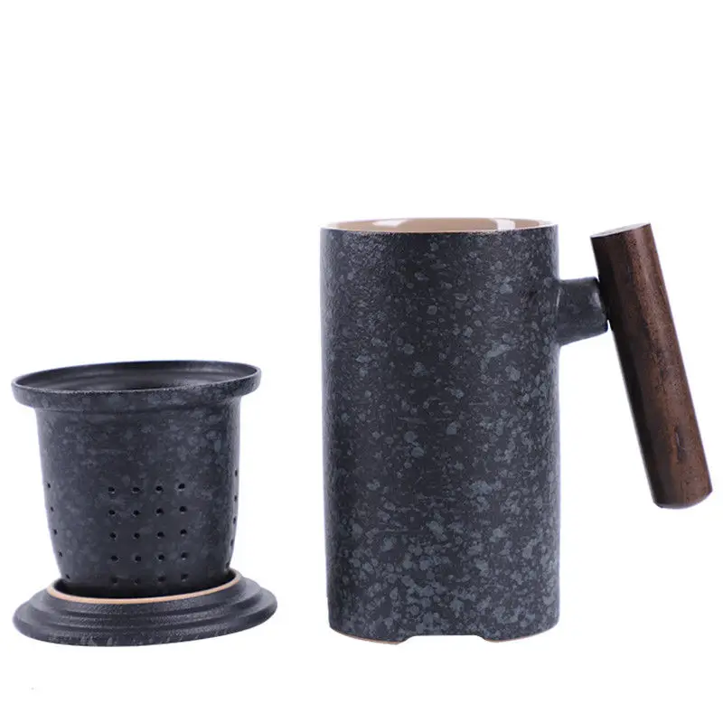 

Japanese-style Vintage Ceramic Coffee Mug Tumbler Rust Glaze Tea Leak Mug with Wood Handle Water Cup Home Office Drinkware