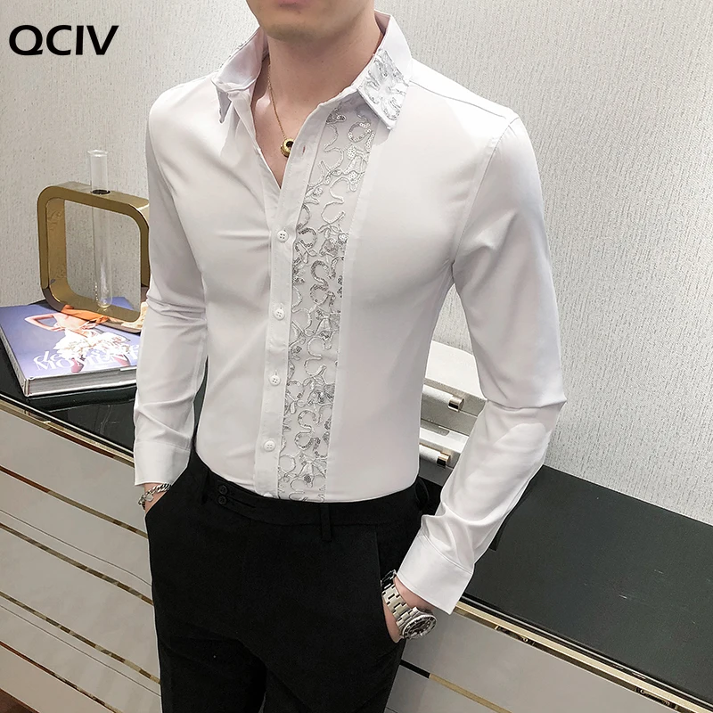 

Sexy Lace Patchwork Men's Shirt Long Sleeve Slim Fit Streetwear Casual Shirts Nightclub Singer Social Party Blouse Chemise Homme