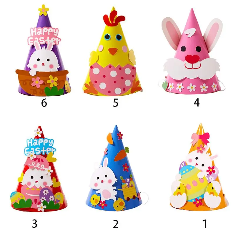 

Children Kids Handmade Easter Paper Hat with Stickers DIY Crafts Kit Holiday Cartoon Cone Celebration Kindergarten Party