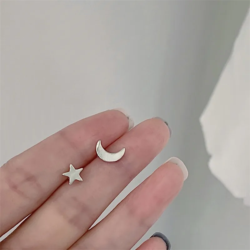 

S925 Pure Silver Earrings Simple Hand Made Five Star Moon Earrings