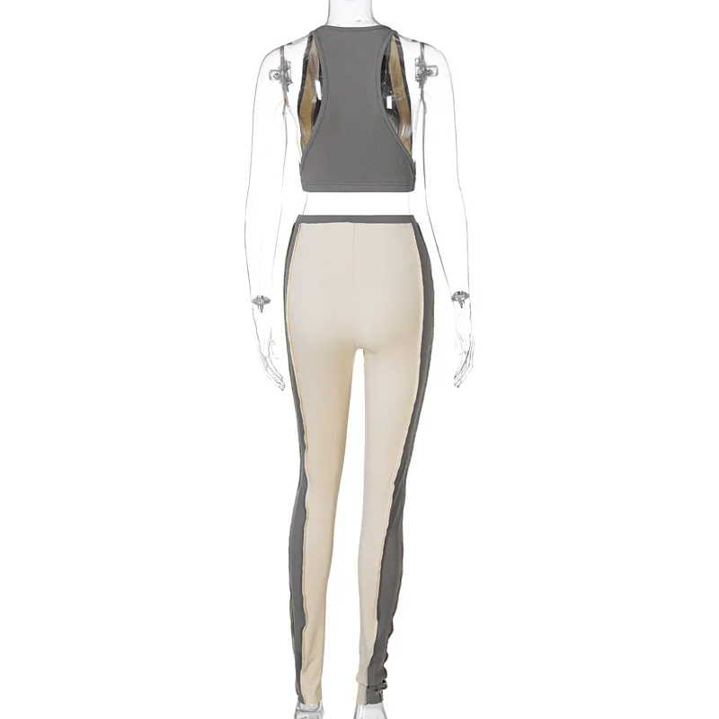 

Sleeveless V Neck Tank Top Women Clothing Set Outfit 2021 Summer Style Patchwork Pants Sets 2 Piece Gym Fitness Track Suit Khaki