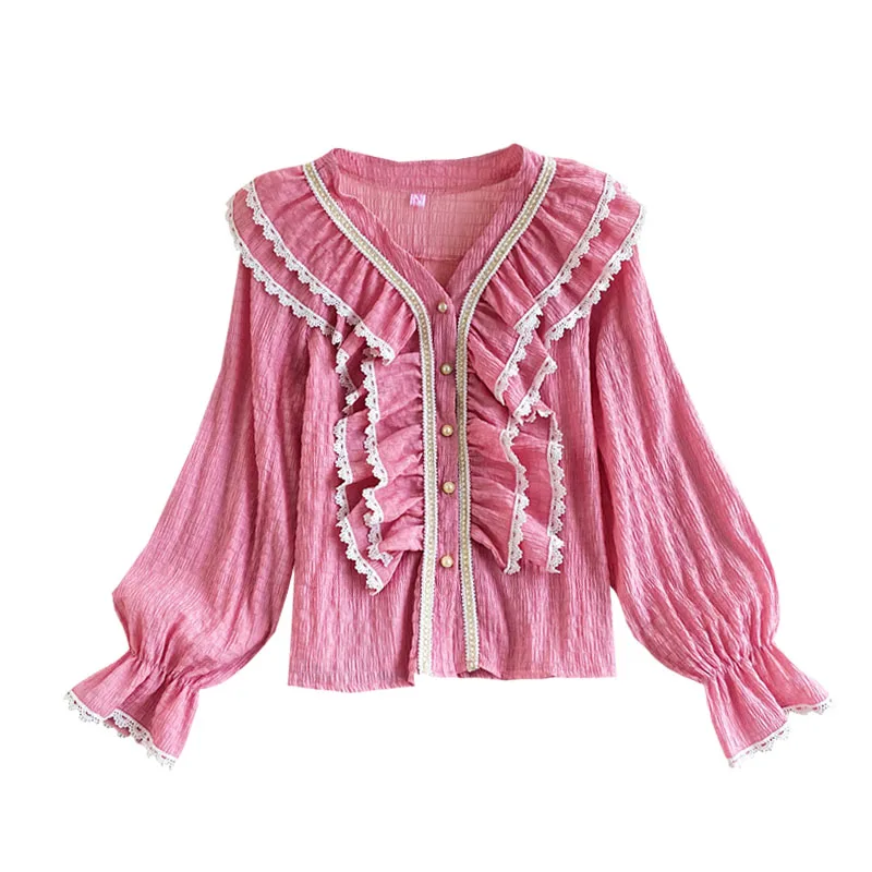 

Spring New Style Loose Fashion Ruffled Flared Sleeves V-neck Lace Shirt Fashion Temperament Top Blouse Women