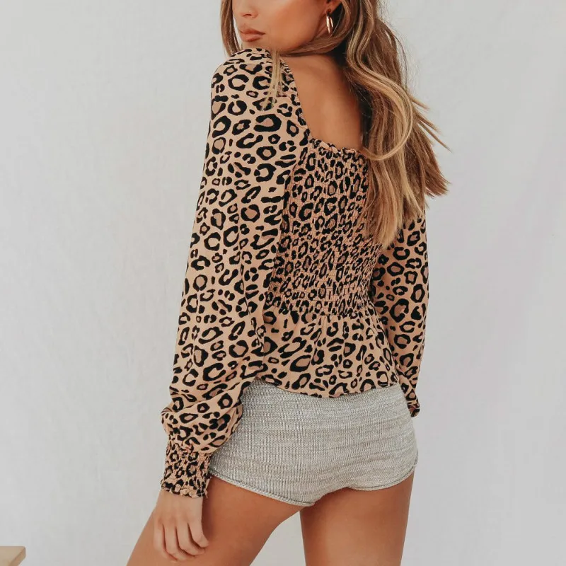 Модные повседневные женские леопардовые рубашки с длинным рукавом фонариком и