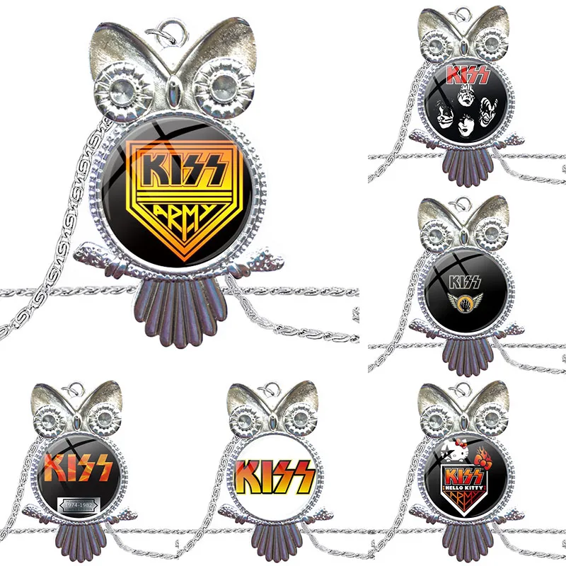 Рок Группа Kiss стеклянный кабошон чокер Длинный Кулон Сова ожерелье для женщин
