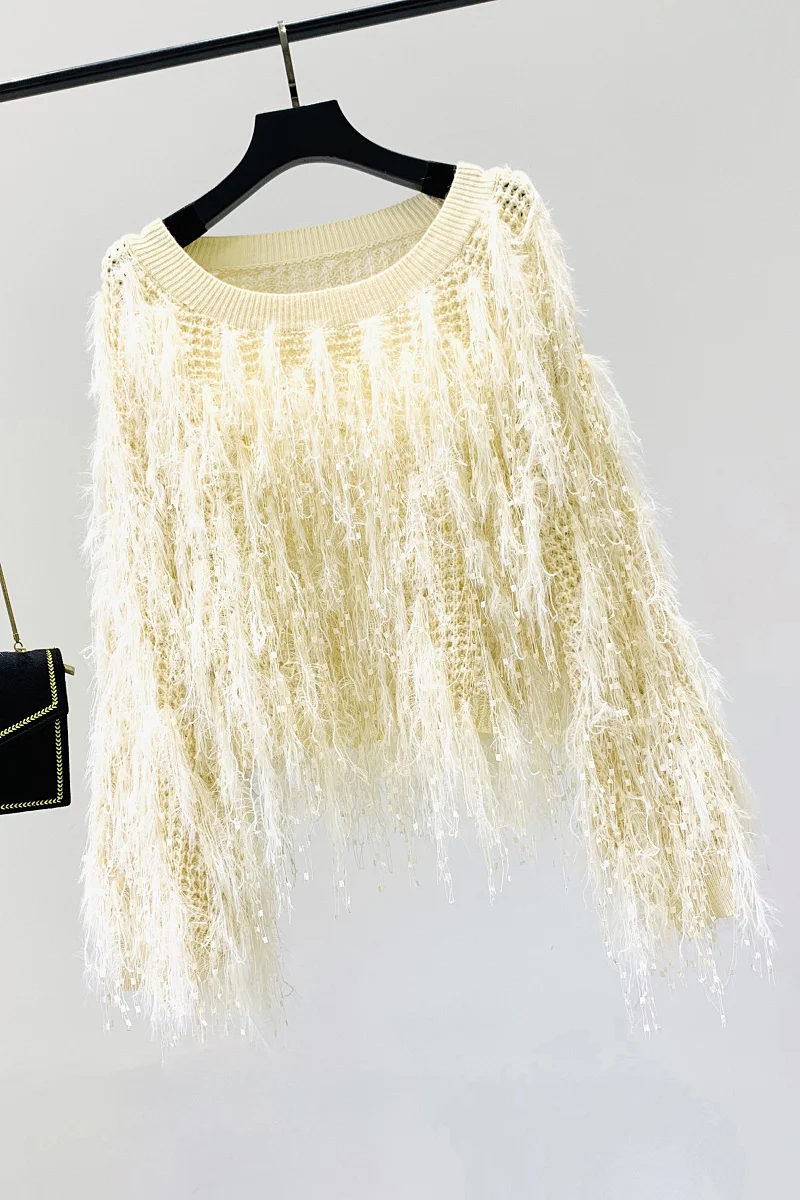 

Tassel Sweater Women Fall Knitwear Short Pullovers New Korean-style Slash Collar Street Sweater Women's Loose Fringed Pull Femme