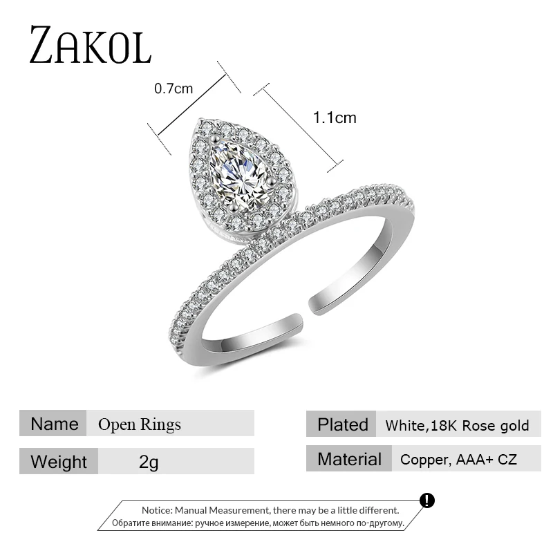

ZAKOL Fashion Water Drop CZ Zirconia Adjustable Open Rings for Women Blue Crystal Stones Female Dainty Jewelry FSRP2139