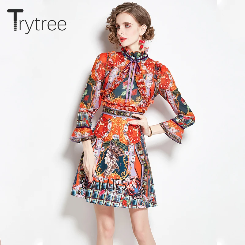 

Trytree 2021 сезон: весна-лето женское платье на каждый день с бантом из ленты, с воротником-стойкой и расклешенными рукавами с модным принтом; Эле...