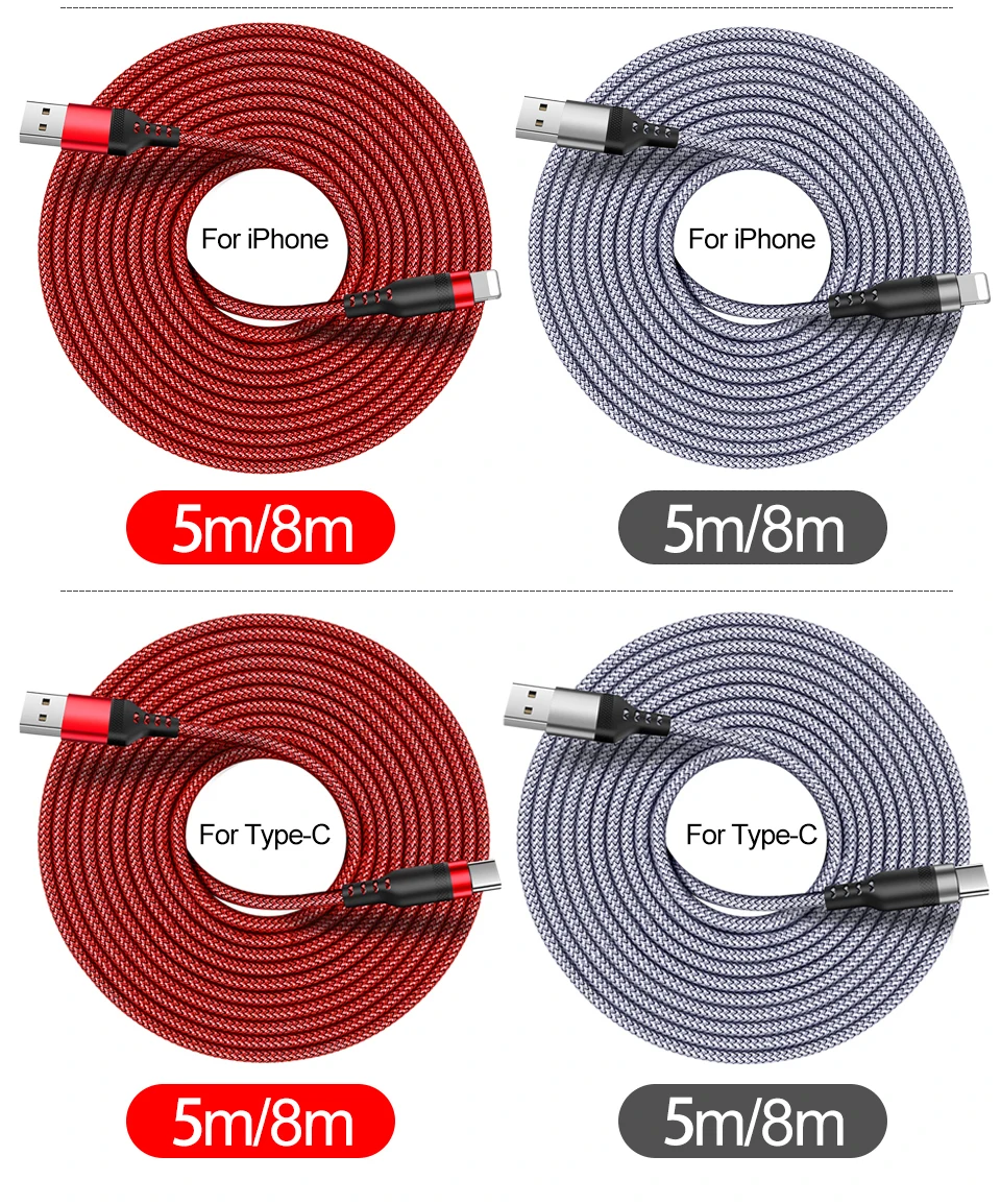 

5m/8m Long Charging Cable for Lightning/Type C/USB Micro Durable Nylon Braided Charging Wire for IOS/Android phone Fast Charger