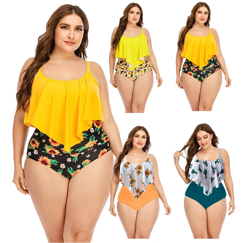 

Two Pieces Swimsuit Print Plus Size Women Bikini Set Girls Cover Belly Female Tankini Bikini High Waist Large Size Swimwear 5XL
