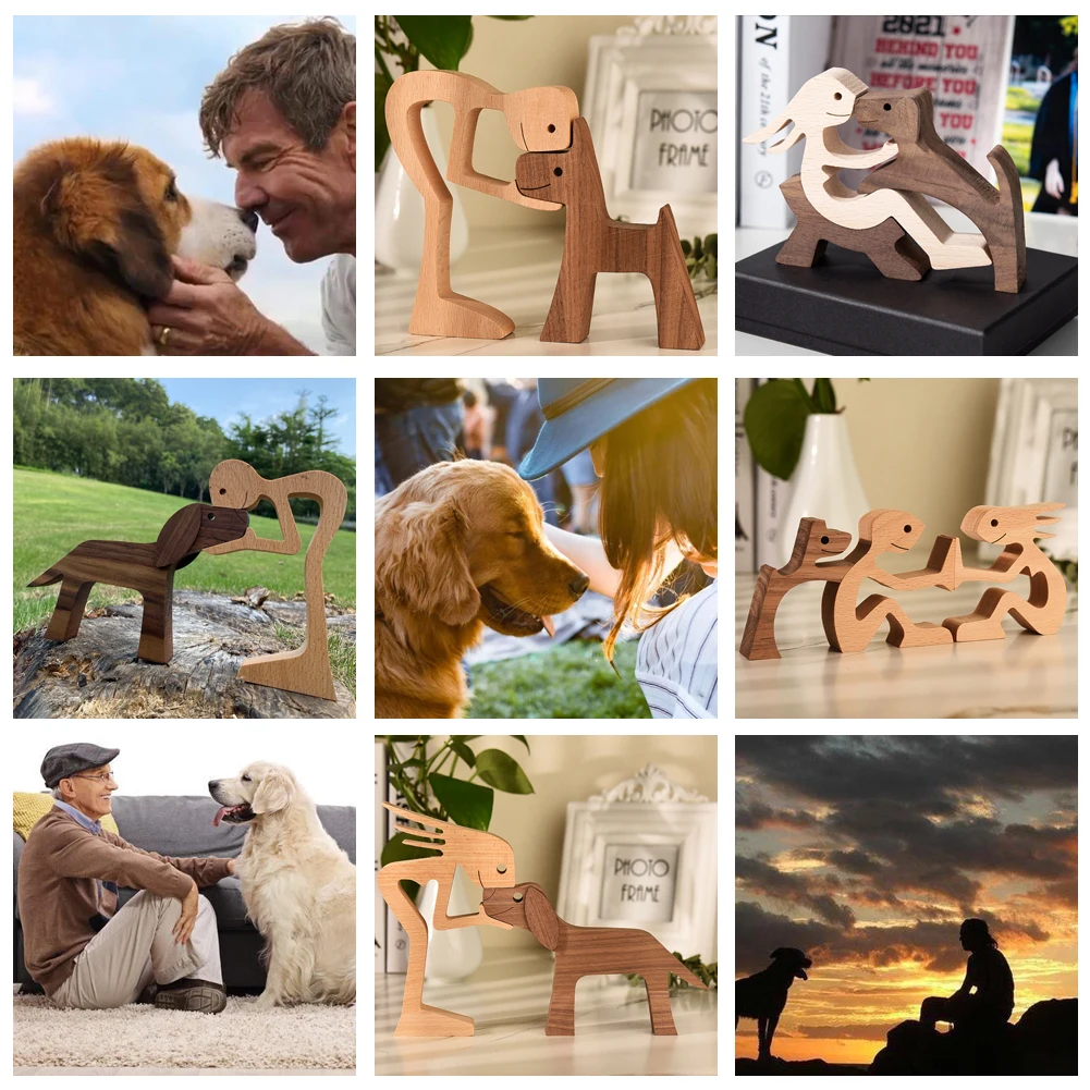

Family Puppy Wooden Dog Craft Figurine Desktop Table Ornament Wood Carving Model Creative Home Office Decoration A Man And Dog