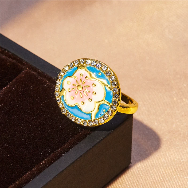 

New fashion round blue cherry blossom ring women romantic luxury banquet temperament charm jewelry Valentine's day gift