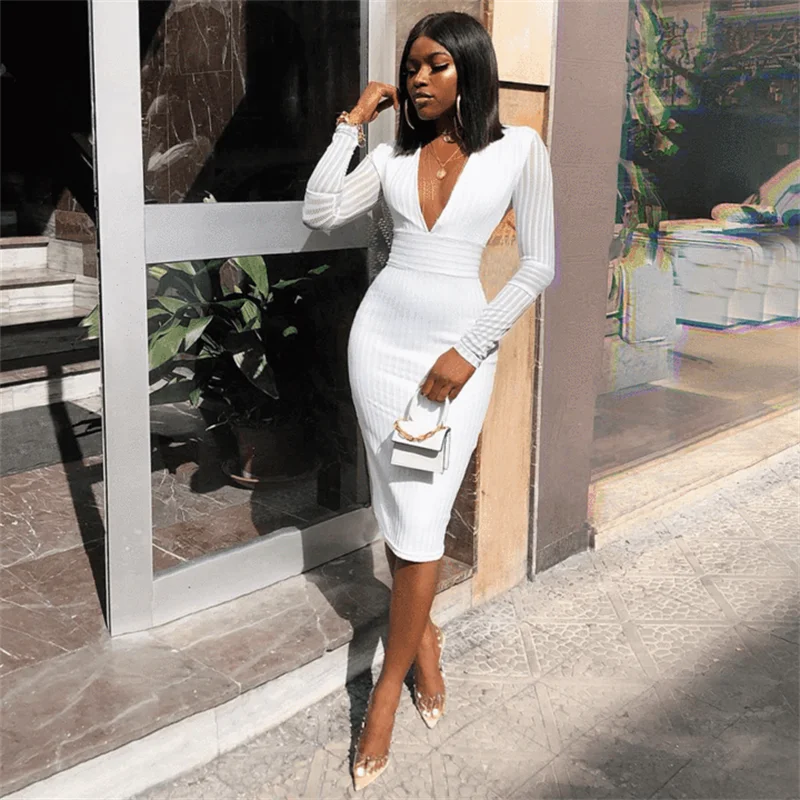 Женское зимнее Бандажное платье с длинным рукавом и глубоким V образным