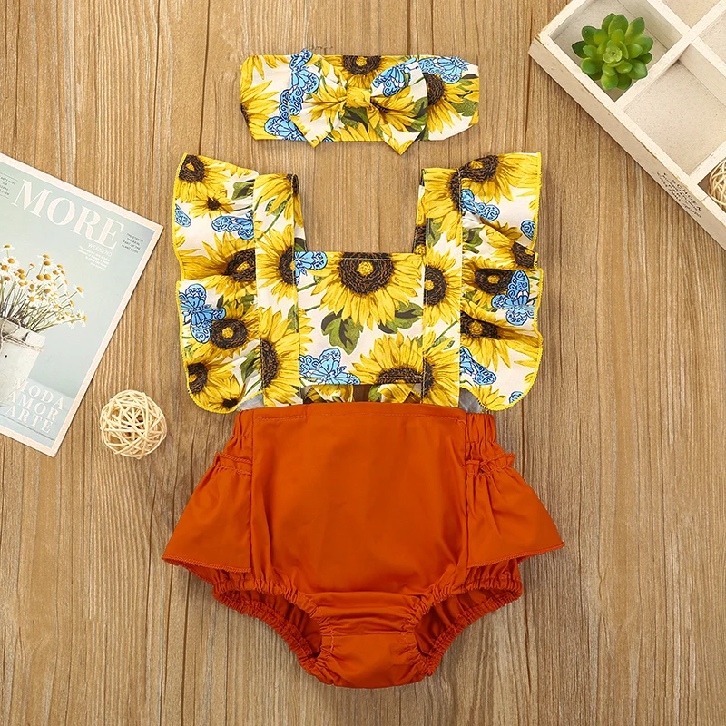 Одежда для новорожденных девочек принтом в виде цветов подсолнуха Детский