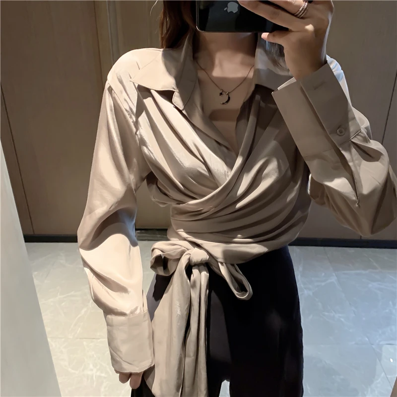 2019 осенние женские топы завязанный Галстук рубашка с длинными рукавами