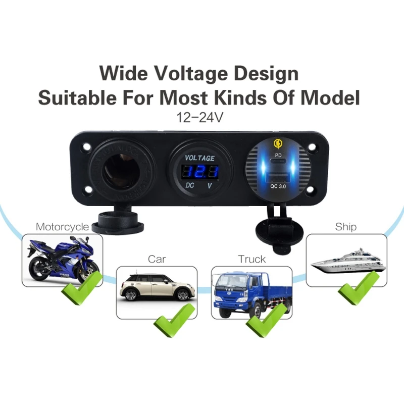 

Waterproof Car QC3.0 USB Type C PD Fast Charger LED Voltmeter 24V 12V Outlet Power Socket Panel Jack for Car Boat Marine Truck