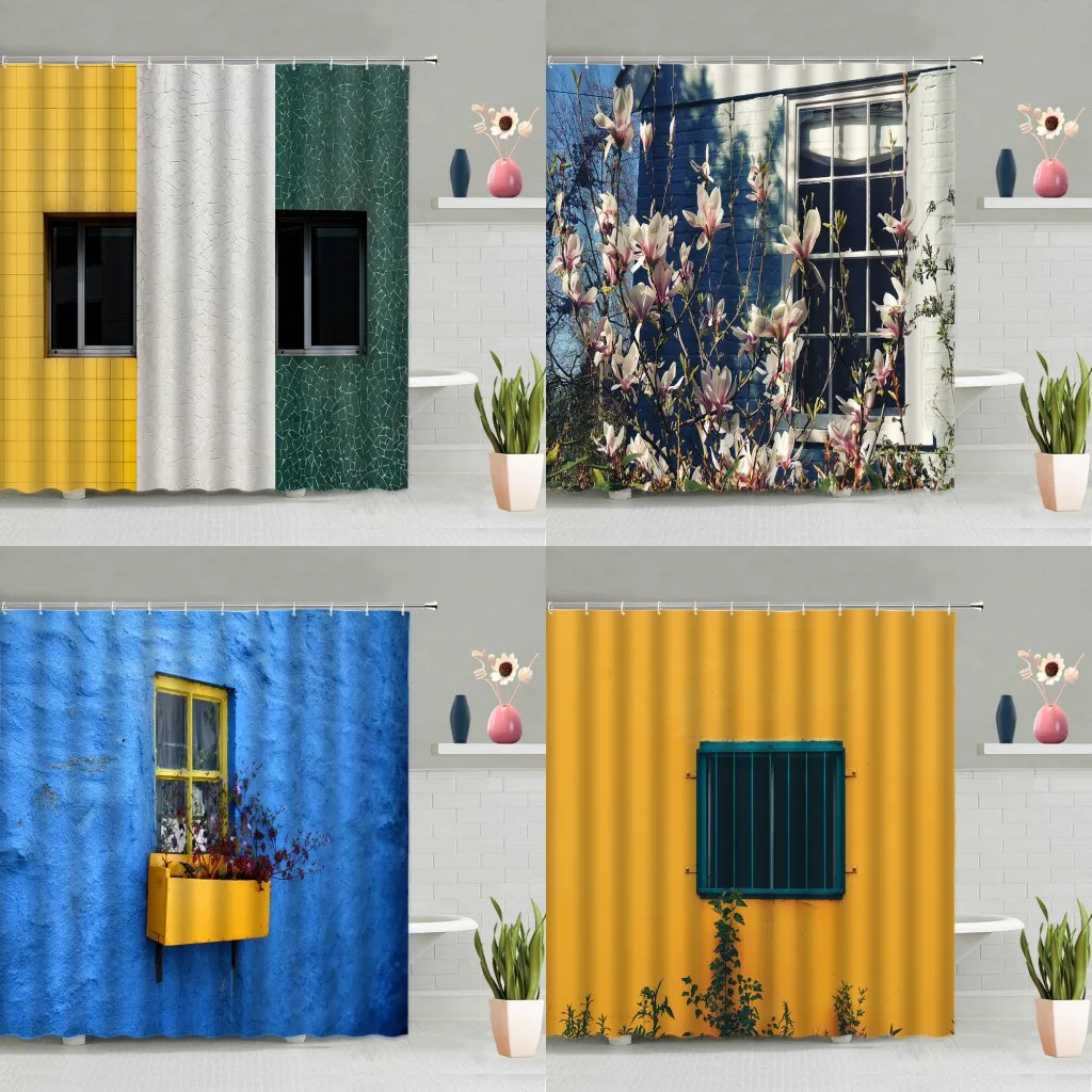 

Creative Door Window Shower Curtain Flowers Green Leaves Plants Living Room Background Decoration Bathing Curtains With Hooks