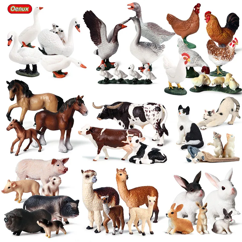 

Фигурки фигурок семьи Oenux Farm, фермер, корова, курица, лошадь, свинья, птица, модель животных, миниатюрные строительные фигурки, подарок на Рож...