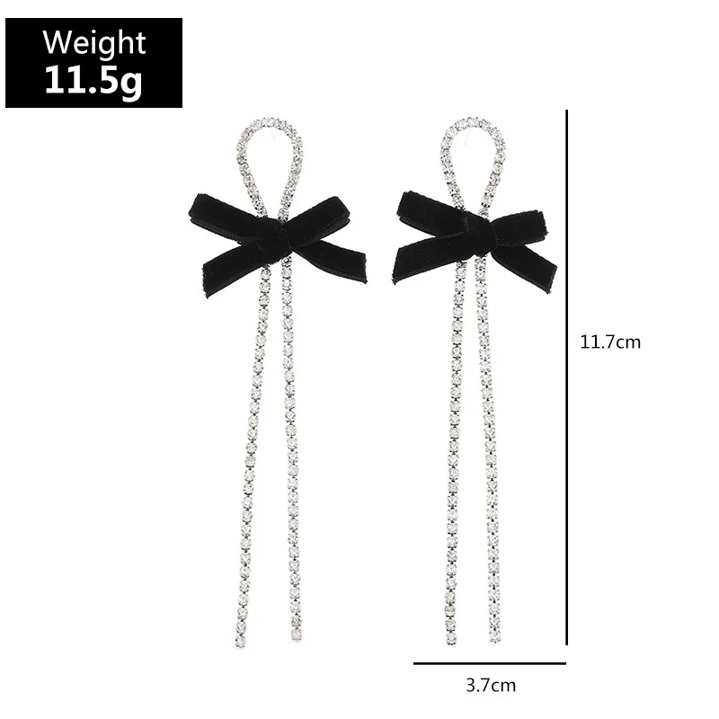 

Fashion Modern Long Crystals Thread Korean CZ Black Velvet Bow Design Women Bridal Wedding Elegant Earrings Jewelry