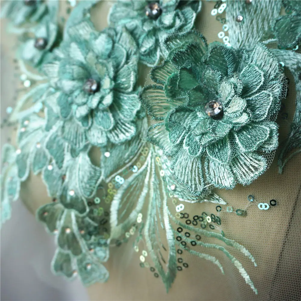 Мятно зеленый 3D цветок ткань из листового Кружева стразы с блестками вышитые