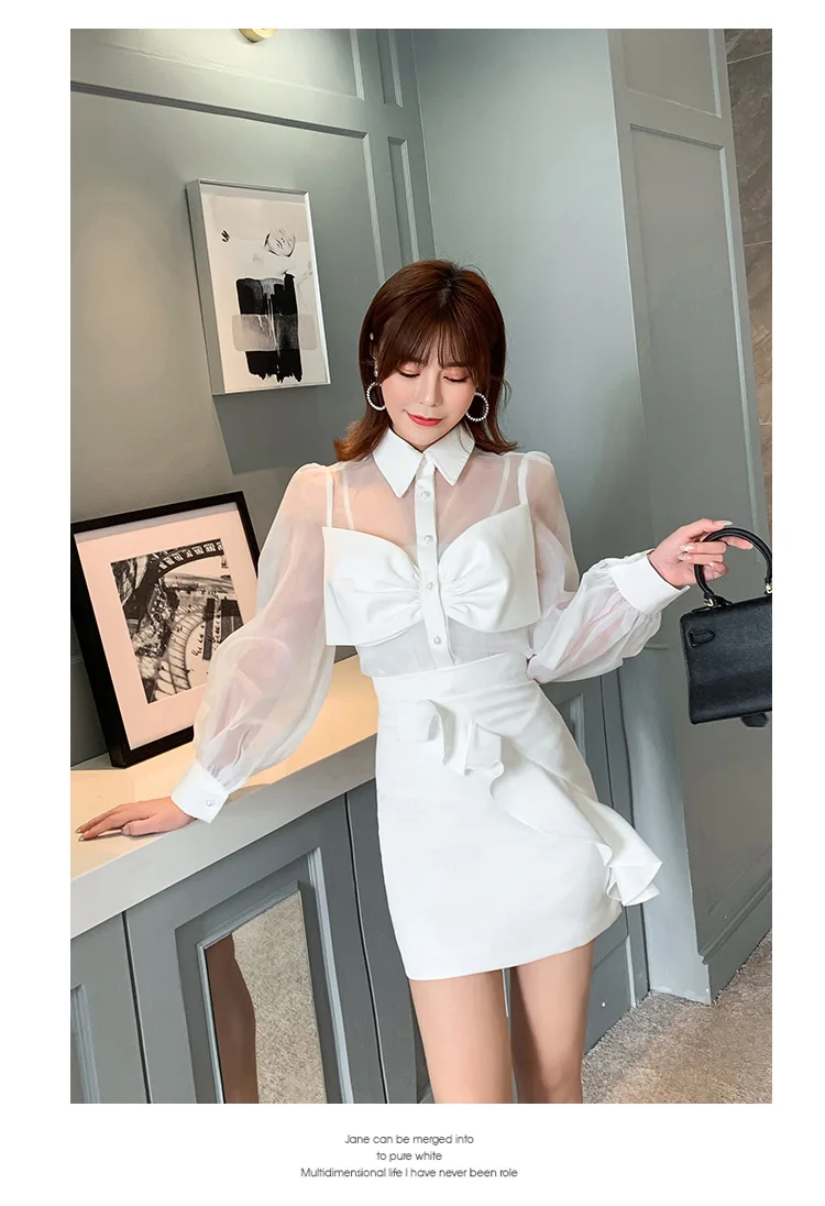 Женский костюм-двойка белая рубашка с длинным рукавом и бантом мини-юбка осенний