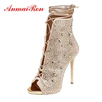 anmairon stripper shoes cover heel sexy high heels sandals women crystal sequined cloth lace up fashion luxury shoes women 34 43