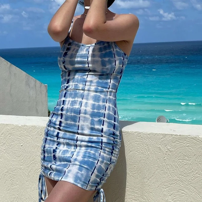 

Rockmore Tie Dye Mini Dress Spaghetti Strap Short Dress Vintage Print Bodycon Dress Summer Sexy Beach Party Sundress Ladies 2021