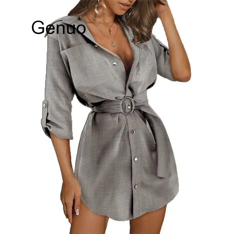 

2020 Women New Fashion Mini Shirt Dress Khaki Solid V-Neck Sexy Sashes Club Dresses Half Sleeve Buttons Party Outwear