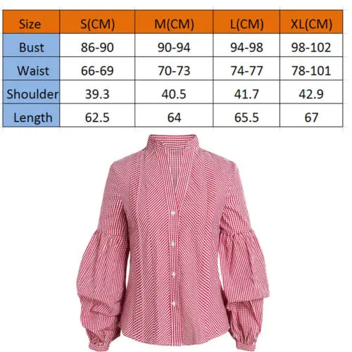 

Women Spring Autumn Shirt Plaid Long Puff Sleeve V Neck Loose Casual Blouse Top Ladies Party harajuku blusa feminina Shirt