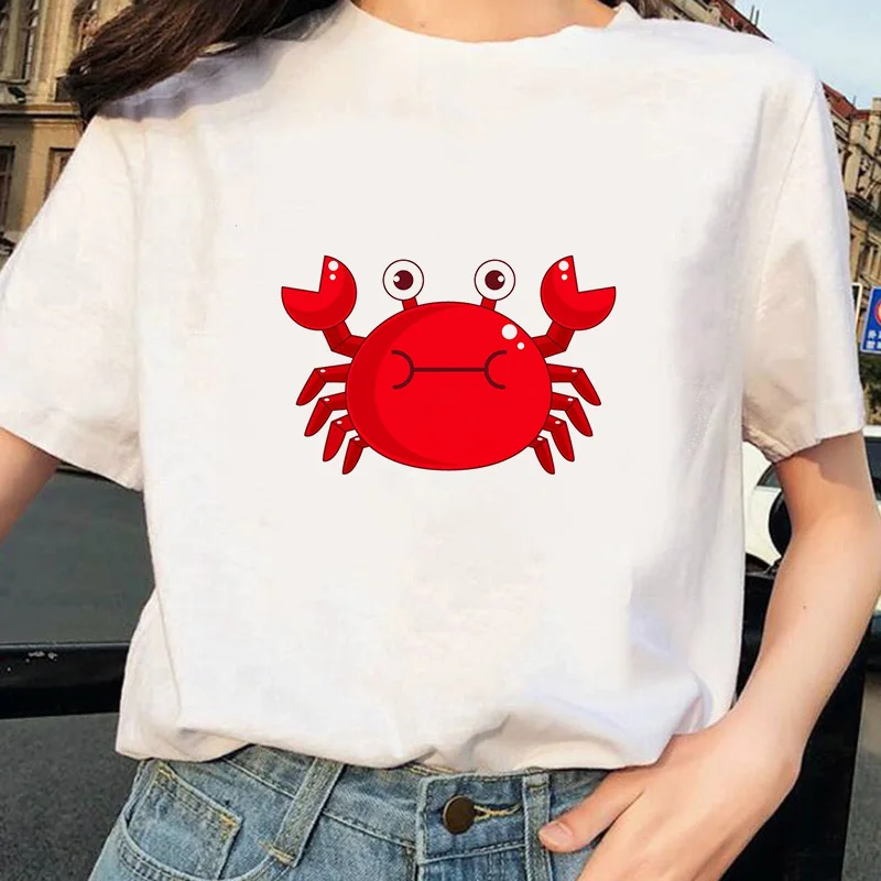 

Women Short Sleeve O Neck Tops Tees Harajuku Ulzzang Clothes Causal Summer Women T-shirt Cute Crab Print T Shirt Couple Clothes