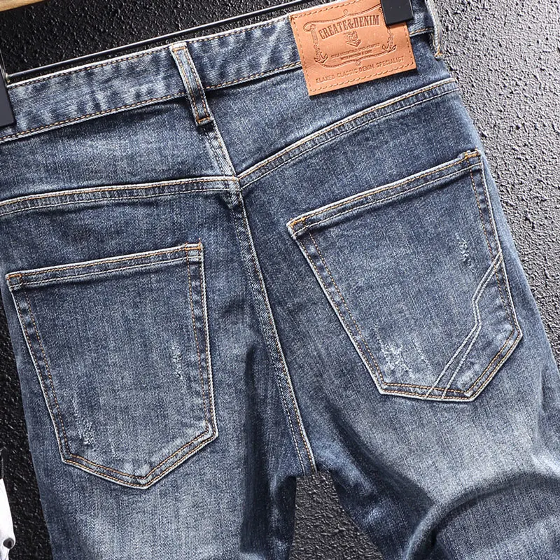 European Vintage Fashion Men Jeans Retro Blue High Quality Elastic Slim Fit Designer Jeans Men Korean Style Casual Denim Pants