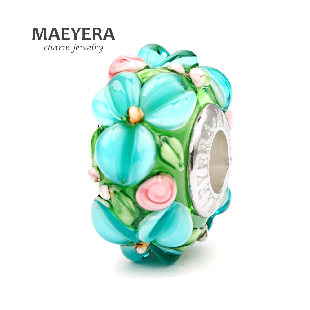 

MAEYERA Jewelry Real S925 Lampwork Beads Malachite Green Stereo Petals Murano Glass Beads Fit European Charm Jewelry 920367