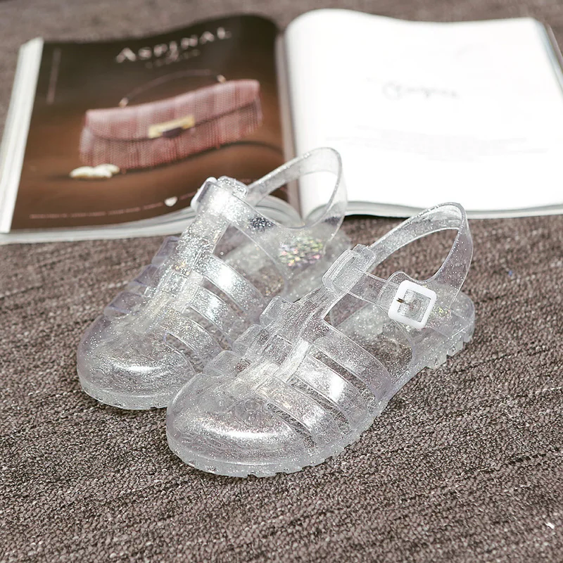 Сандалии-желе женские с кристаллами босоножки на плоской подошве пластиковые