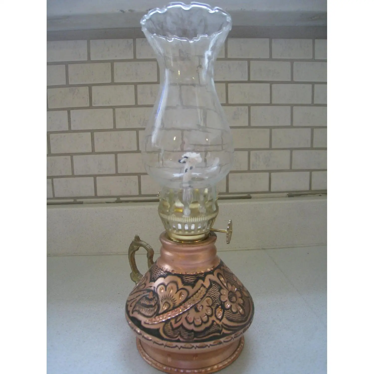 

Authentic Totally Handmade Hand carved Brass Copper Oil Kerosene Lamp Vintage